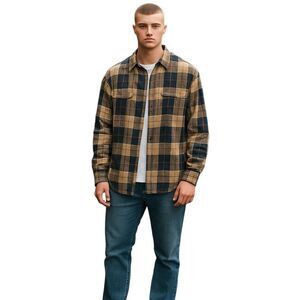 Arrow Mens Sz L Blue Tan Plaid Long Sleeve Flannel Button Down Shirt